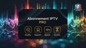 IPTV Pro logo with international content streaming graphics